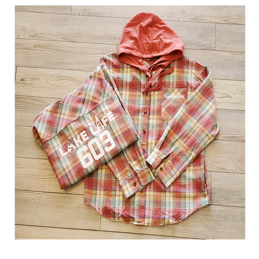 Lake Life Coral Hooded Flannel